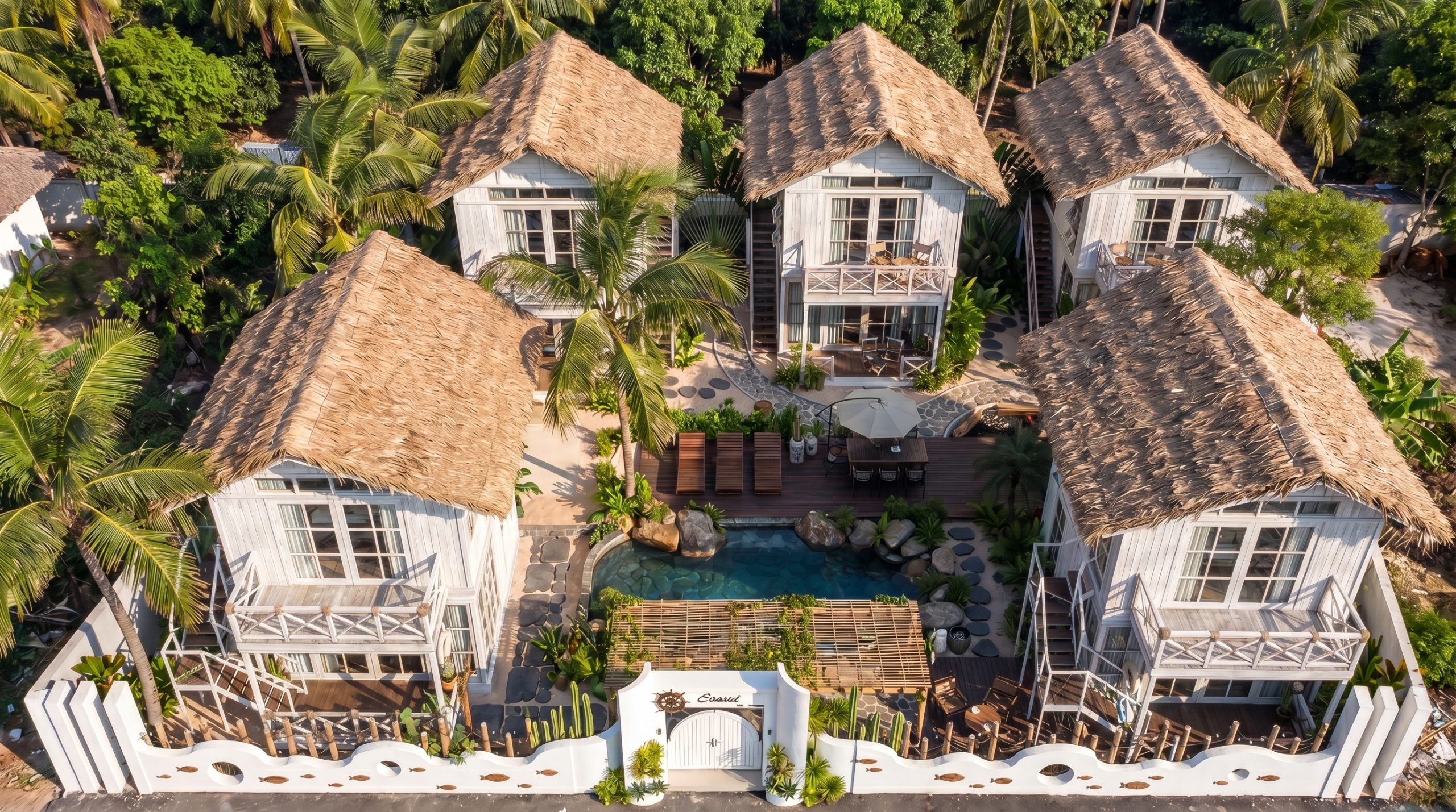 Thiết kế boutique resort tropical luxury tại Phú Quốc với hồ bơi trung tâm và villa mái lá