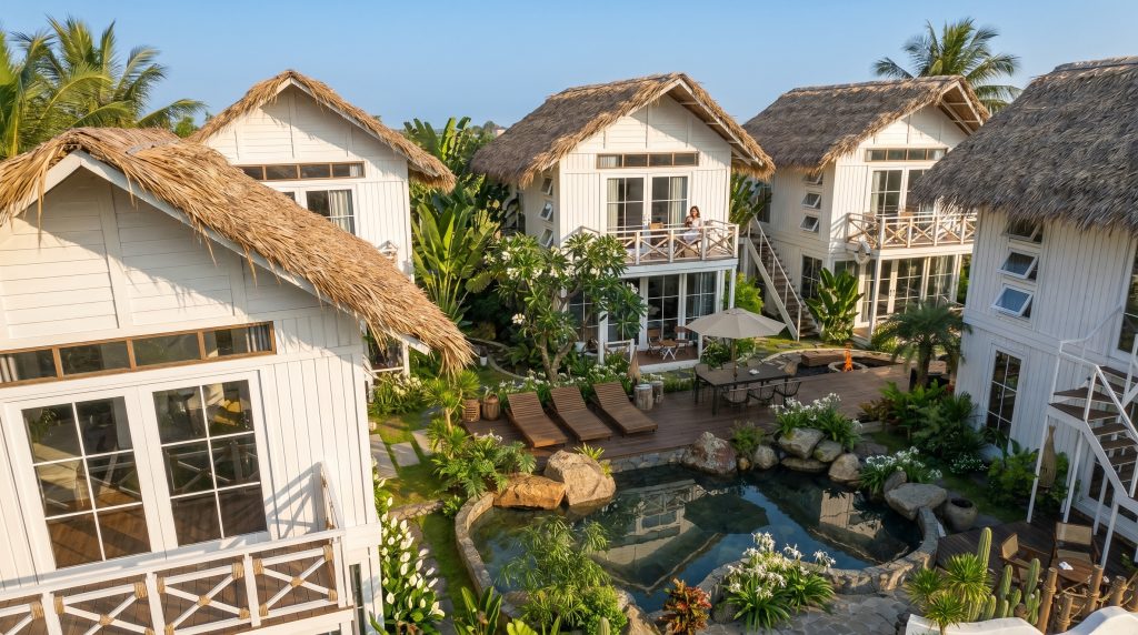 Thiết kế boutique resort tropical luxury tại Phú Quốc với hồ bơi trung tâm và villa mái lá
