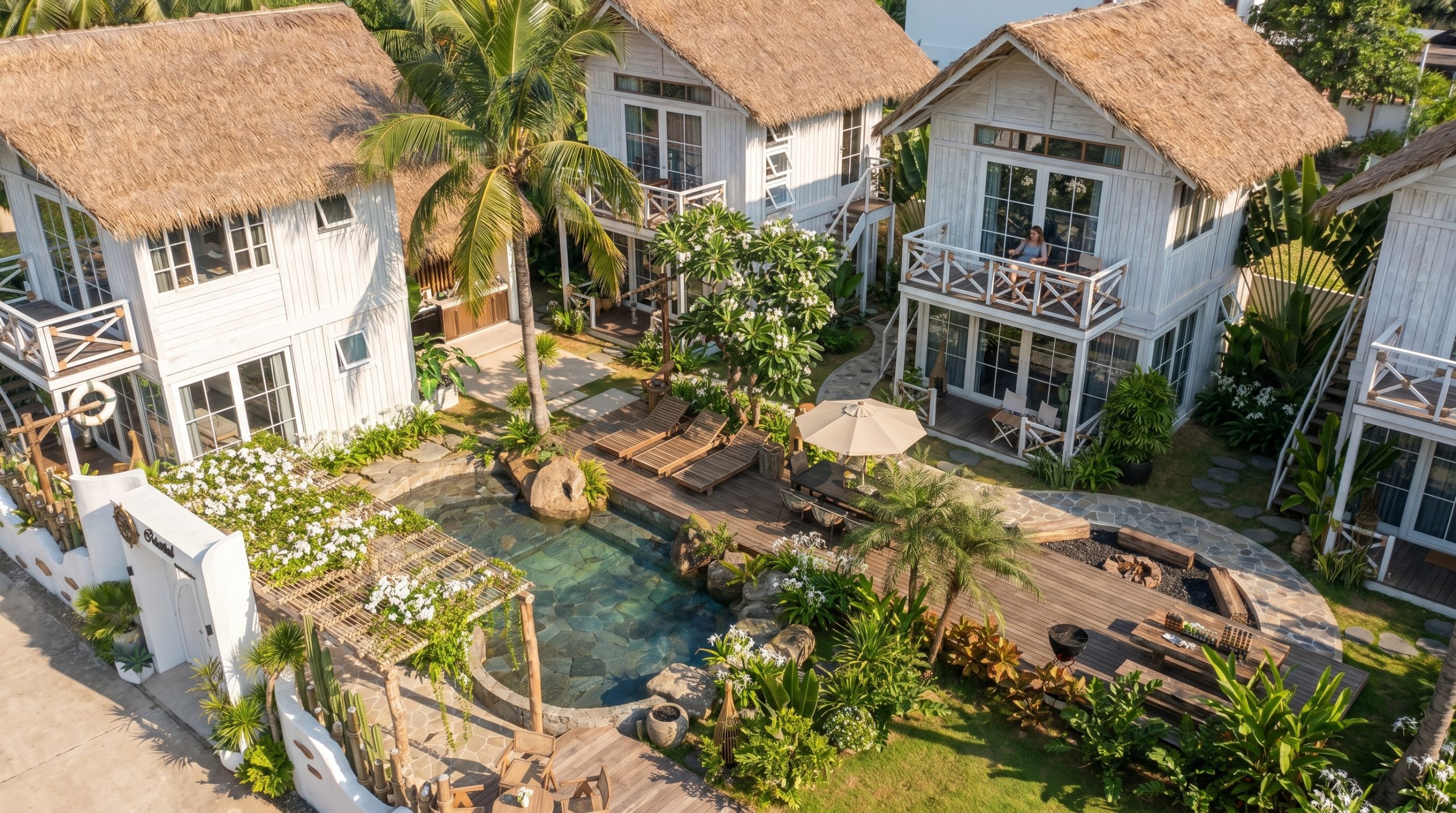 Thiết kế boutique resort tropical luxury tại Phú Quốc với hồ bơi trung tâm và villa mái lá