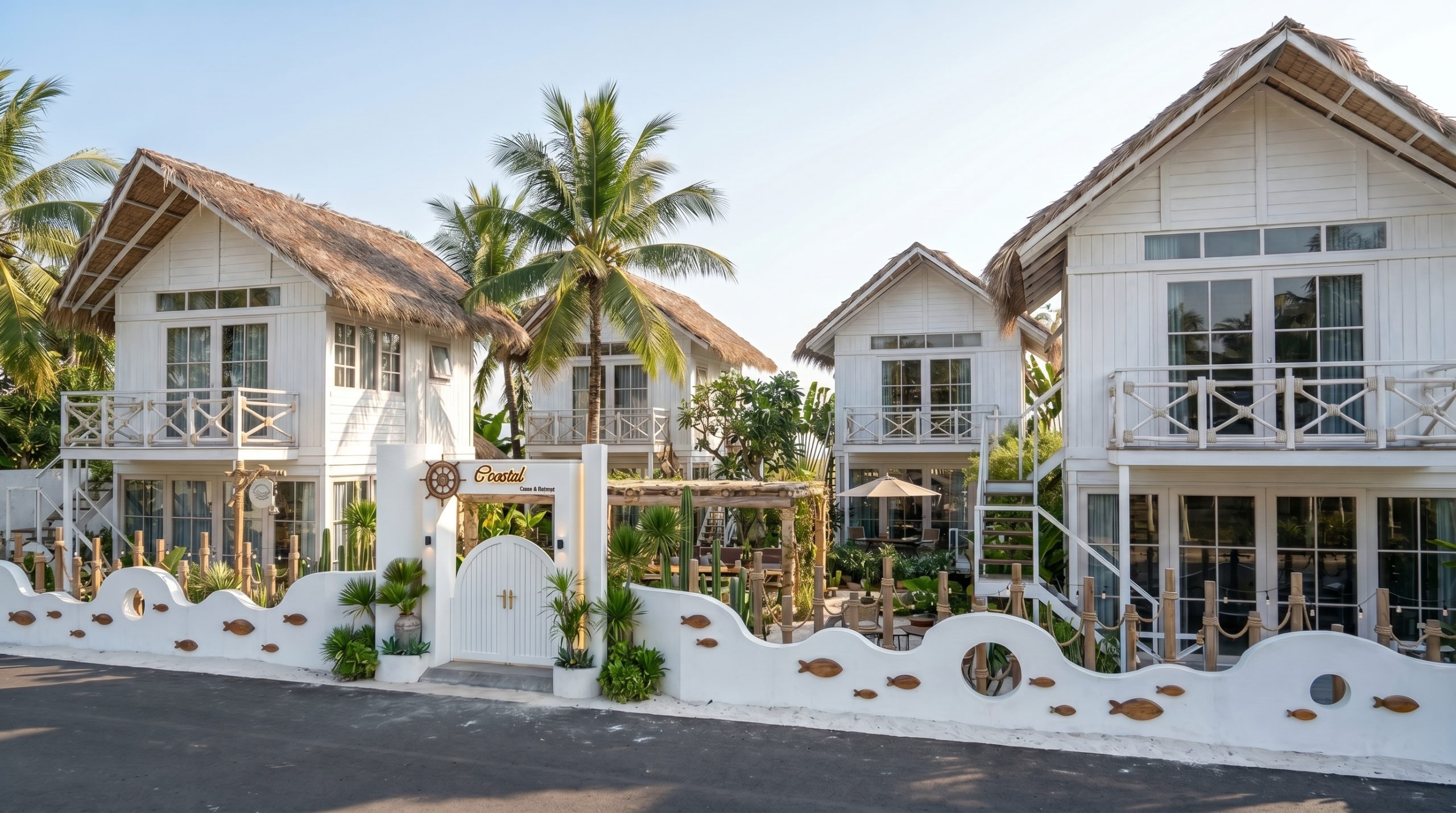 Thiết kế boutique resort tropical luxury tại Phú Quốc với hồ bơi trung tâm và villa mái lá