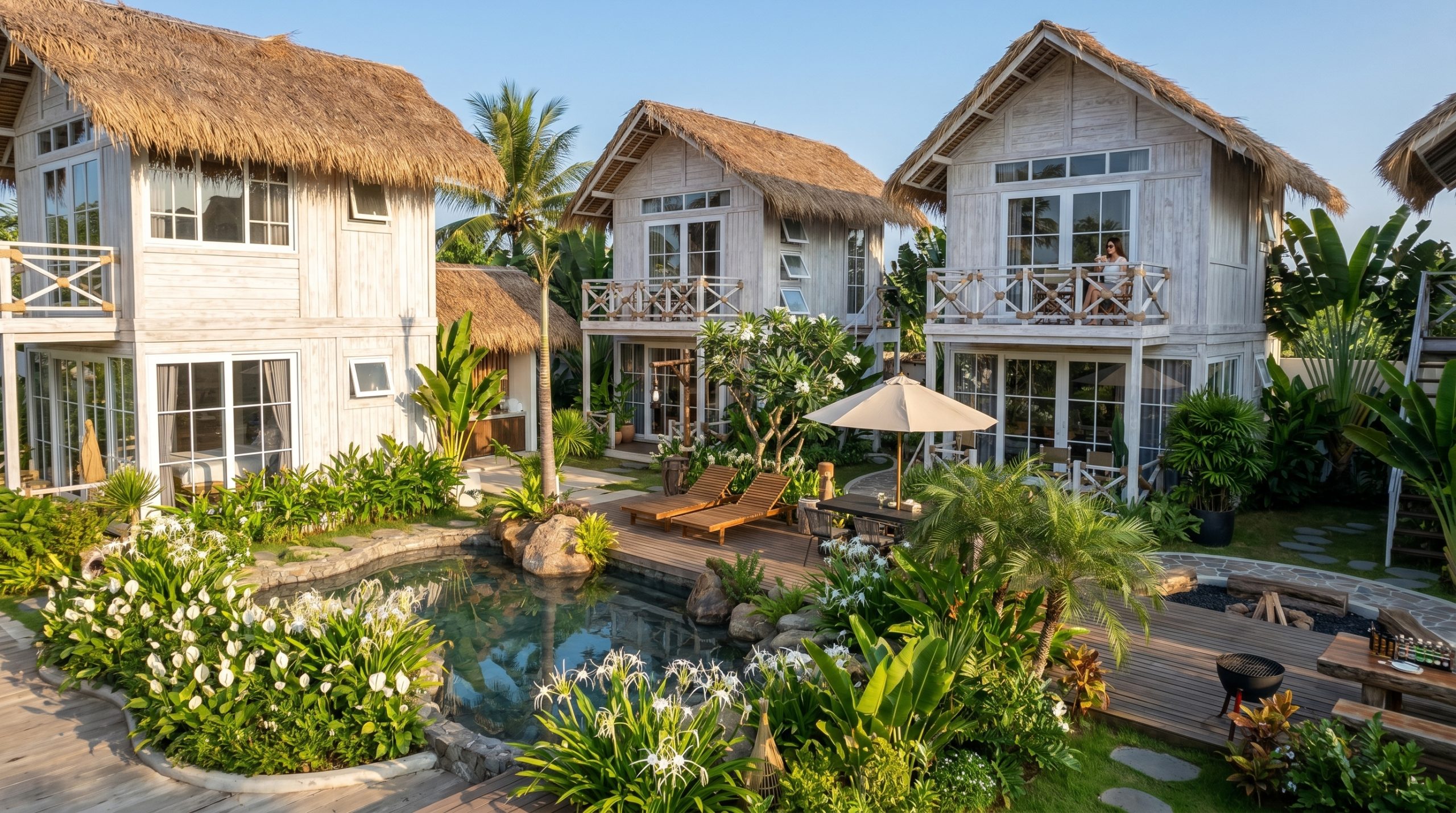 Thiết kế boutique resort tropical luxury tại Phú Quốc với hồ bơi trung tâm và villa mái lá