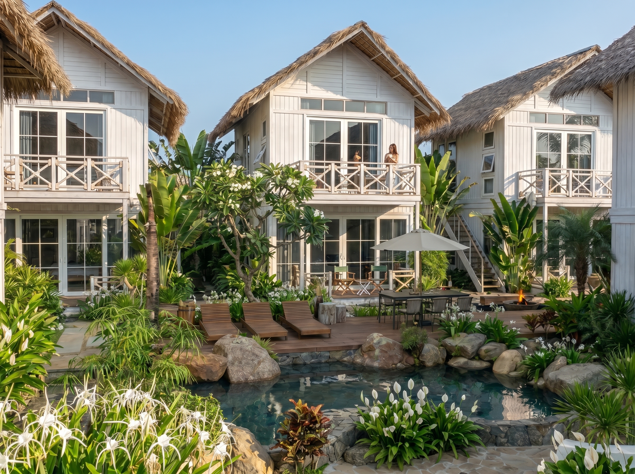 Thiết kế boutique resort tropical luxury tại Phú Quốc với hồ bơi trung tâm và villa mái lá