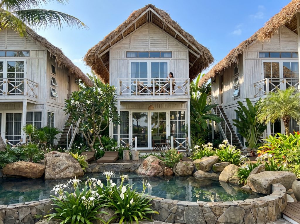 Thiết kế boutique resort tropical luxury tại Phú Quốc với hồ bơi trung tâm và villa mái lá
