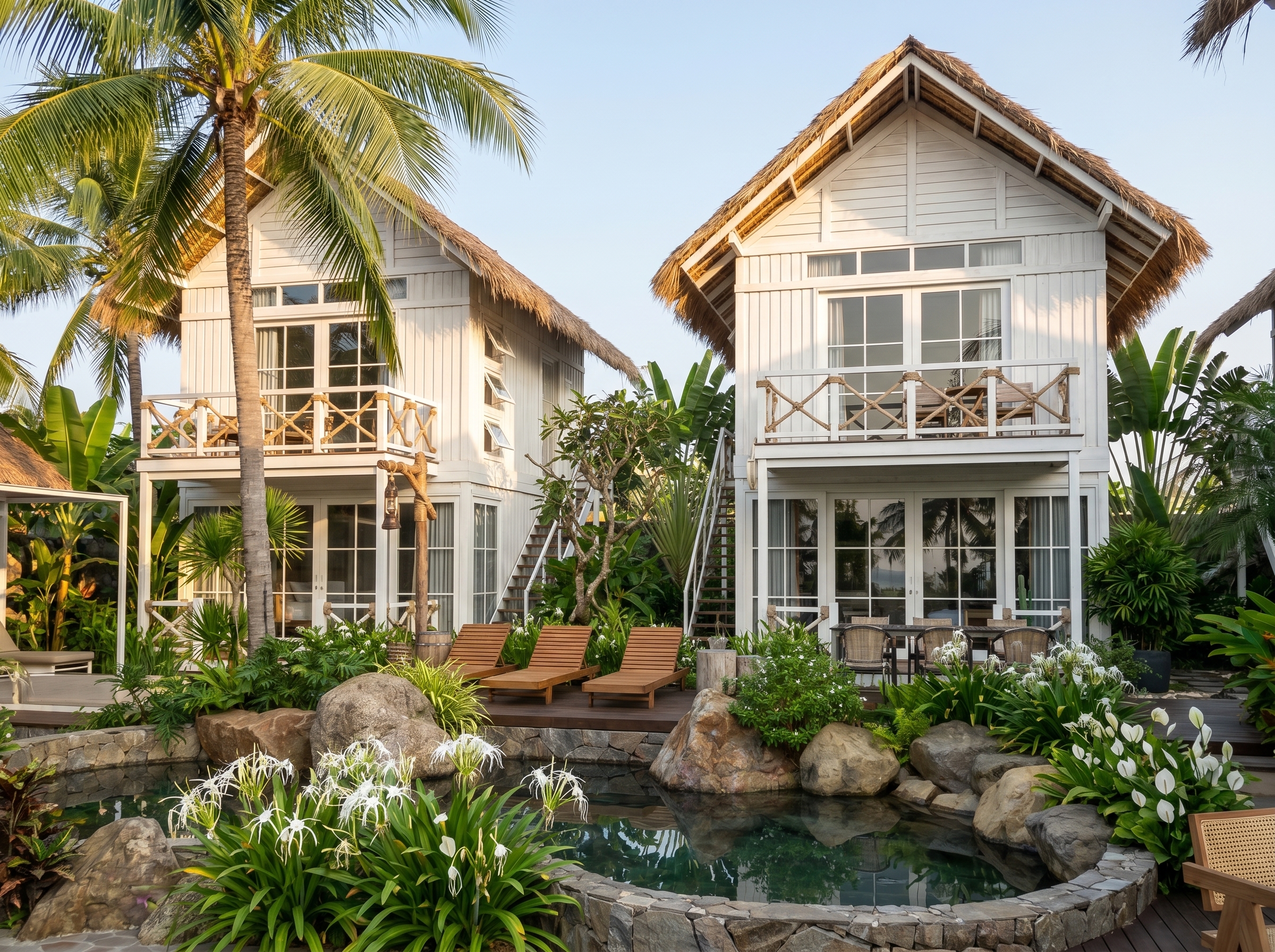 Thiết kế boutique resort tropical luxury tại Phú Quốc với hồ bơi trung tâm và villa mái lá