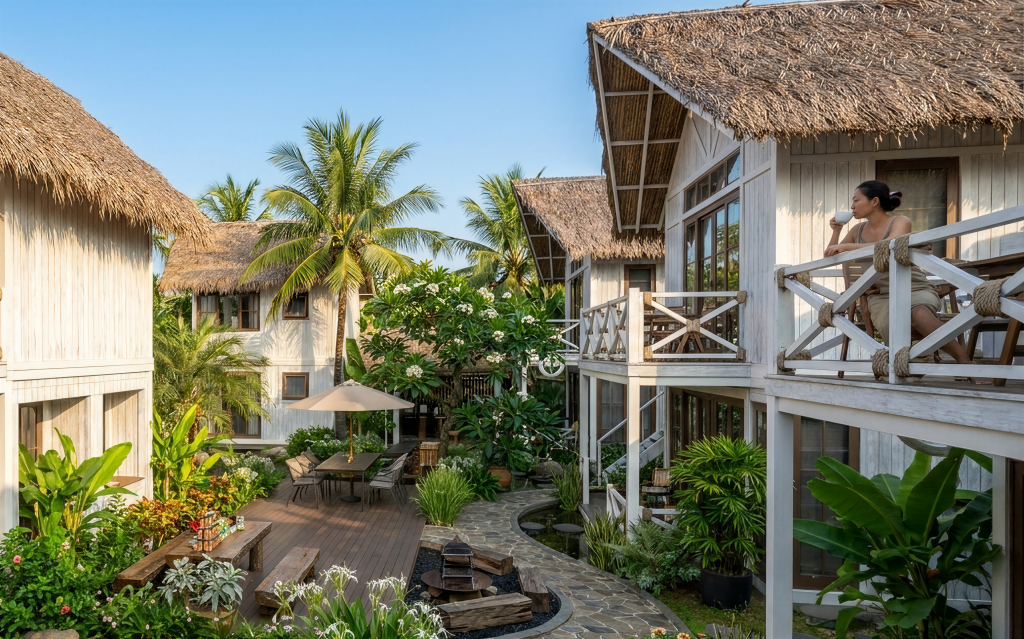 Thiết kế boutique resort tropical luxury tại Phú Quốc với hồ bơi trung tâm và villa mái lá