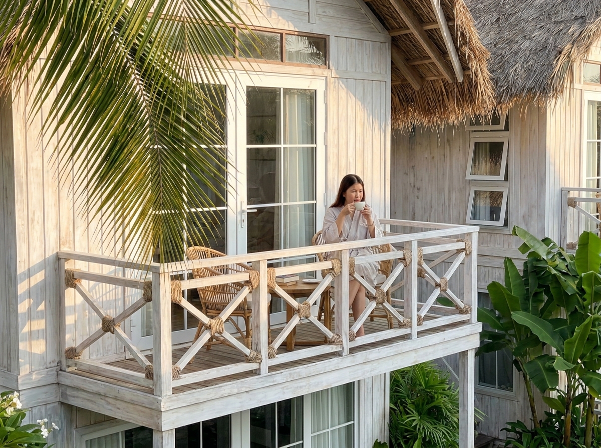 Thiết kế boutique resort tropical luxury tại Phú Quốc với hồ bơi trung tâm và villa mái lá