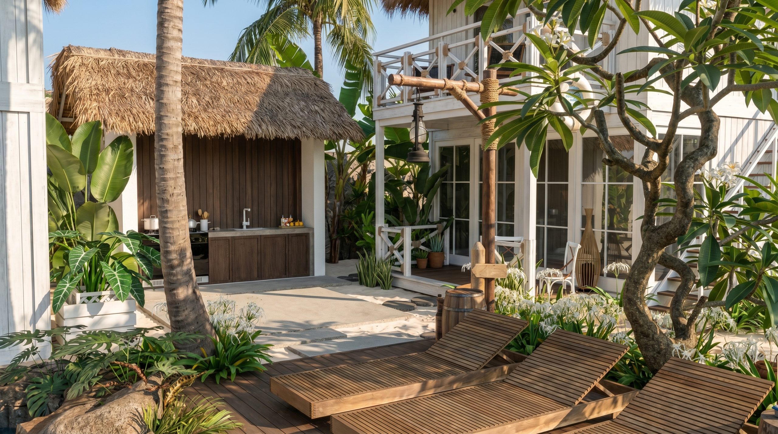 Thiết kế boutique resort tropical luxury tại Phú Quốc với hồ bơi trung tâm và villa mái lá