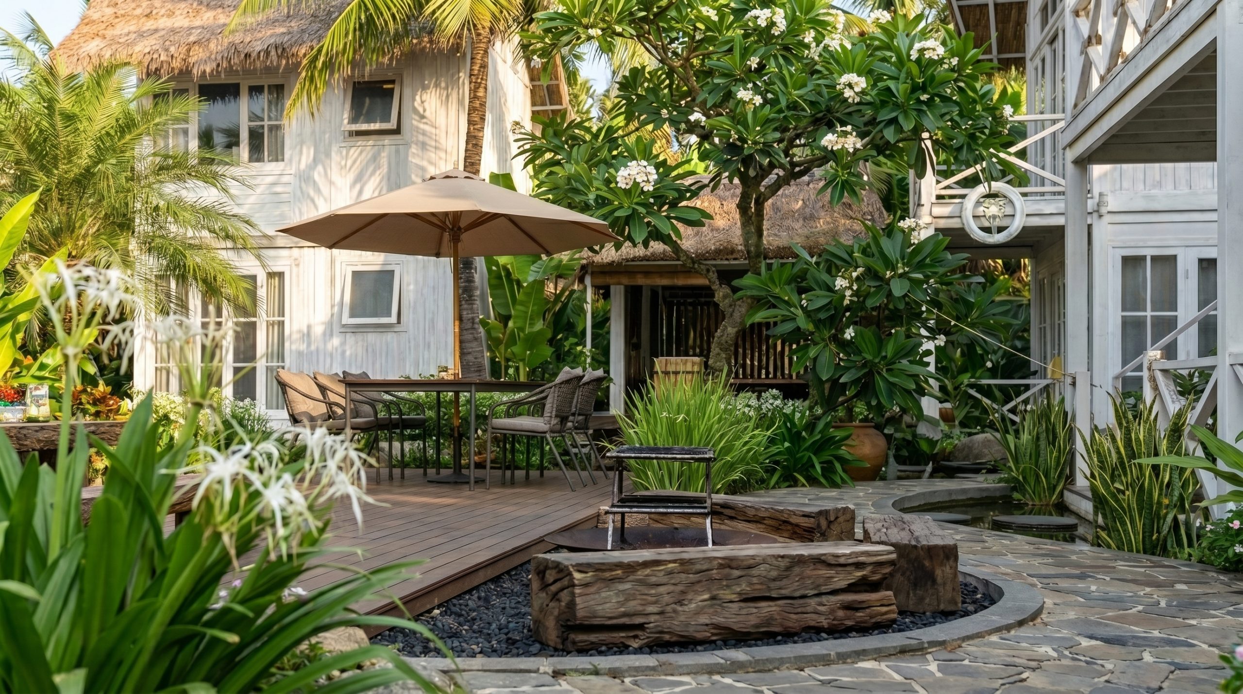 Thiết kế boutique resort tropical luxury tại Phú Quốc với hồ bơi trung tâm và villa mái lá