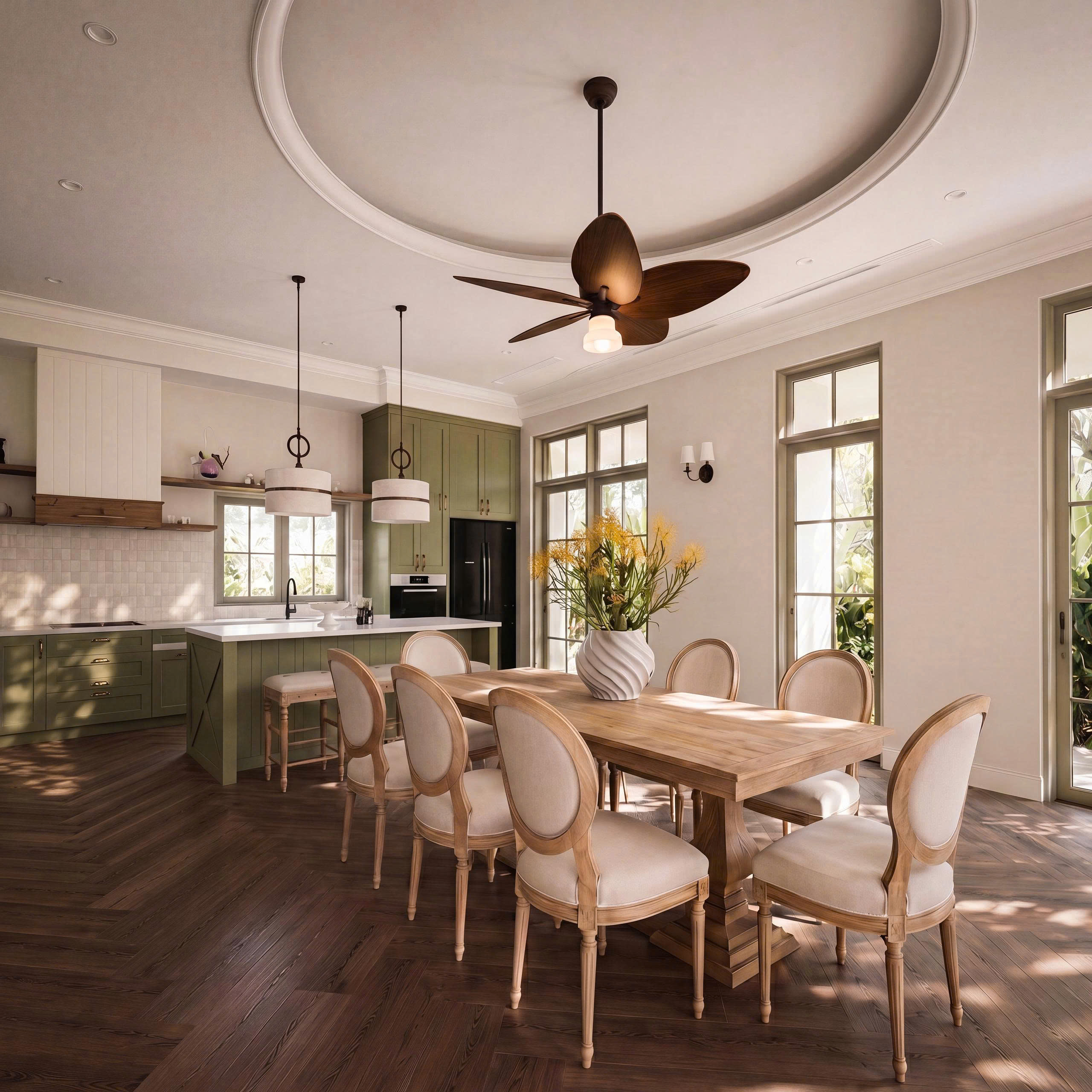 Thiết kế villa Phú Quốc Tropical P1109 với phòng khách liên thông phòng ăn và ánh sáng tự nhiên