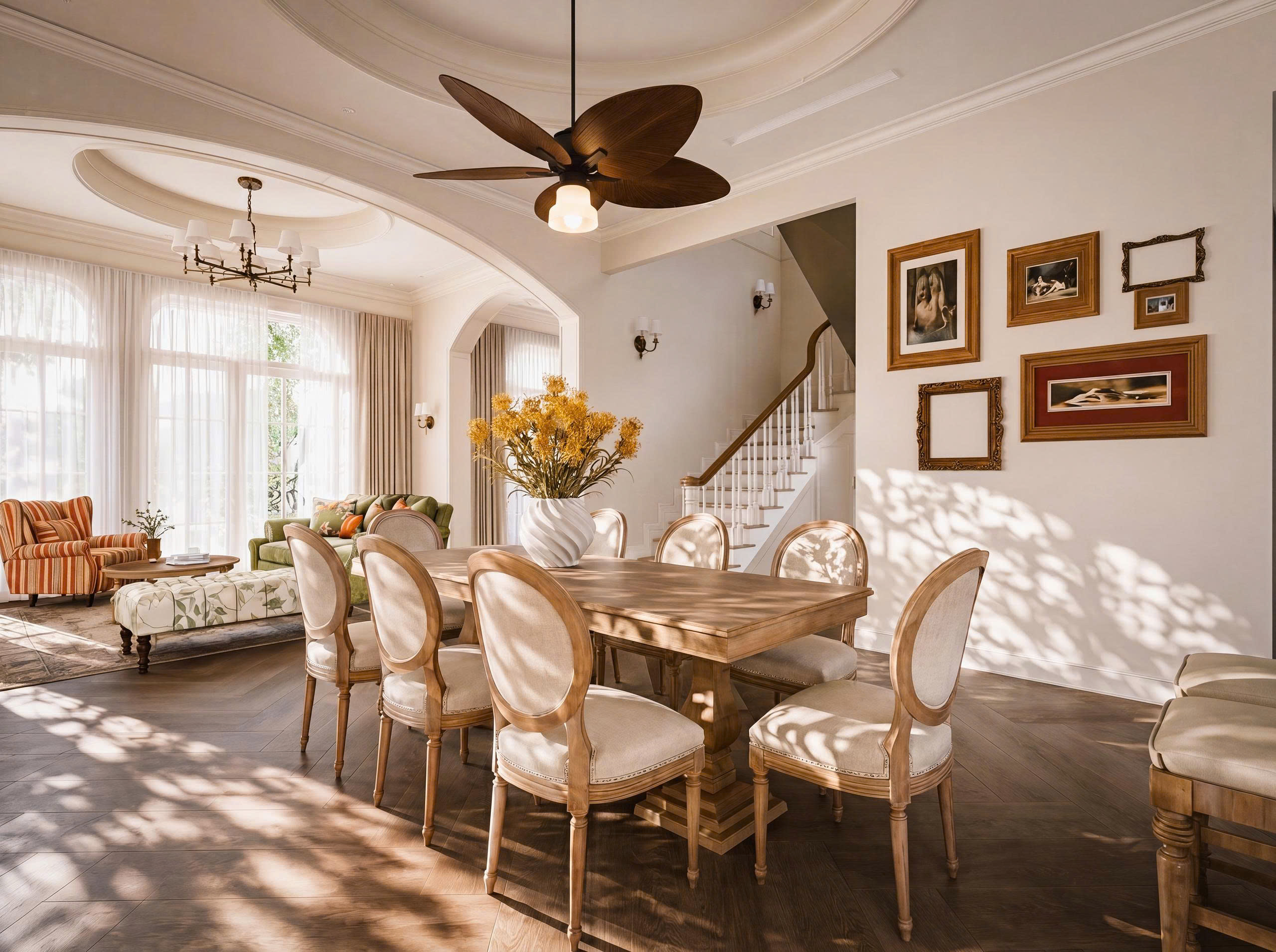 Thiết kế villa Phú Quốc Tropical P1109 với phòng khách liên thông phòng ăn và ánh sáng tự nhiên