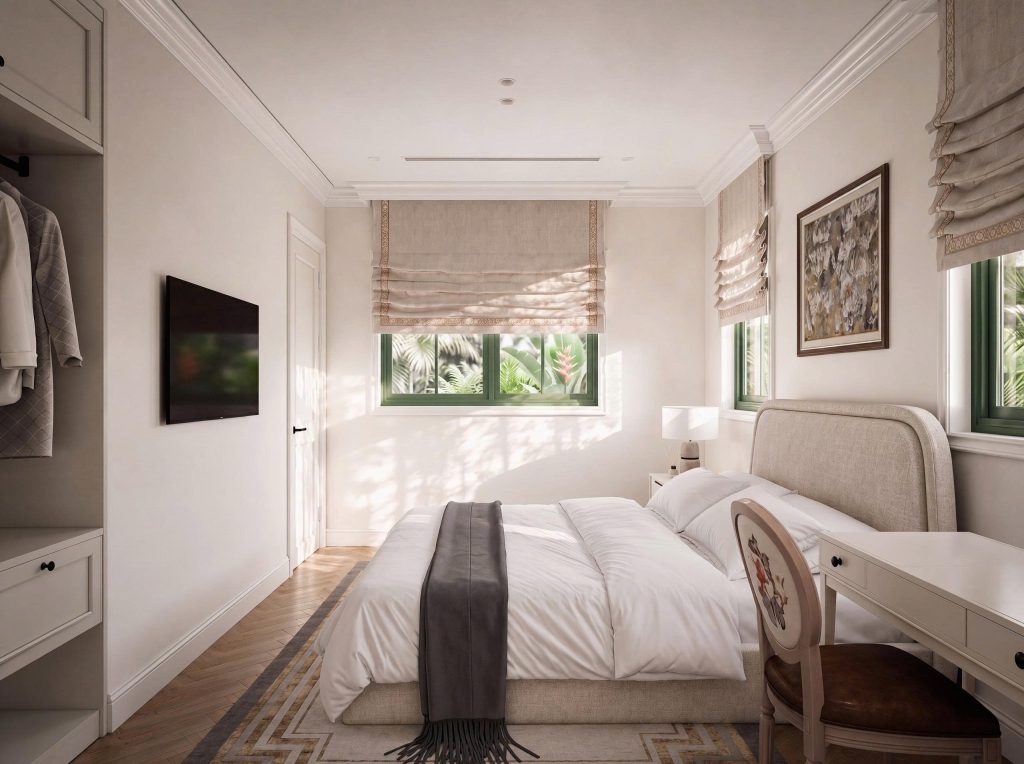 Thiết kế villa Phú Quốc Tropical P1109 với phòng khách liên thông phòng ăn và ánh sáng tự nhiên