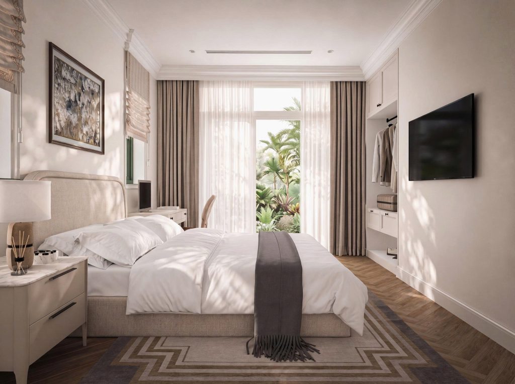 Thiết kế villa Phú Quốc Tropical P1109 với phòng khách liên thông phòng ăn và ánh sáng tự nhiên